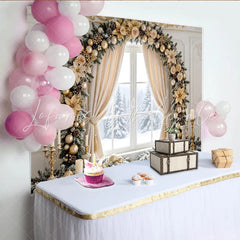 Lofaris Elegant Gold Christmas Window Backdrop with Festive Garland and Ornaments Luxurious Winter Holiday Background for Family Decor