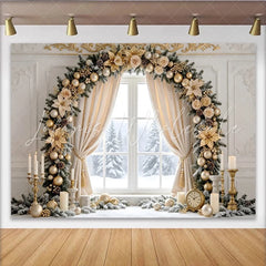Lofaris Elegant Gold Christmas Window Backdrop with Festive Garland and Ornaments Luxurious Winter Holiday Background for Family Decor