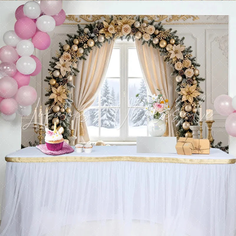Lofaris Elegant Gold Christmas Window Backdrop with Festive Garland and Ornaments Luxurious Winter Holiday Background for Family Decor