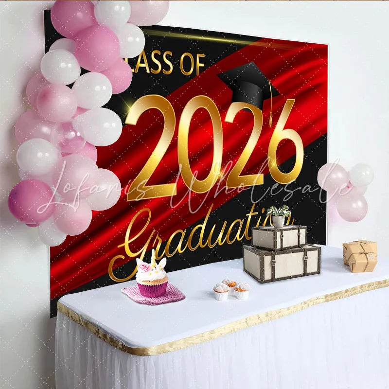 Lofaris Elegant Gold Class of 2026 Graduation Party Backdrop with Cap Red and Black Celebration Decor for Graduates