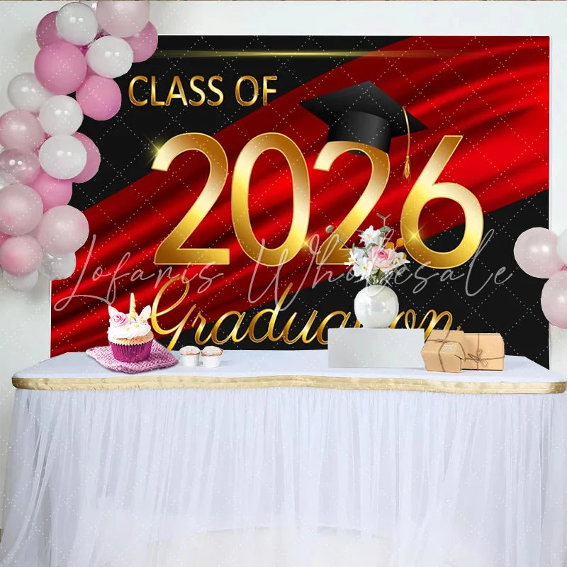 Lofaris Elegant Gold Class of 2026 Graduation Party Backdrop with Cap Red and Black Celebration Decor for Graduates