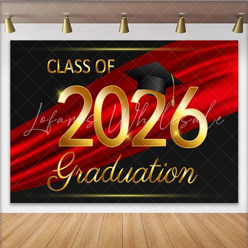 Lofaris Elegant Gold Class of 2026 Graduation Party Backdrop with Cap Red and Black Celebration Decor for Graduates