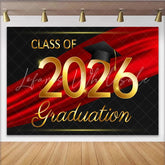 Lofaris Elegant Gold Class of 2026 Graduation Party Backdrop with Cap Red and Black Celebration Decor for Graduates