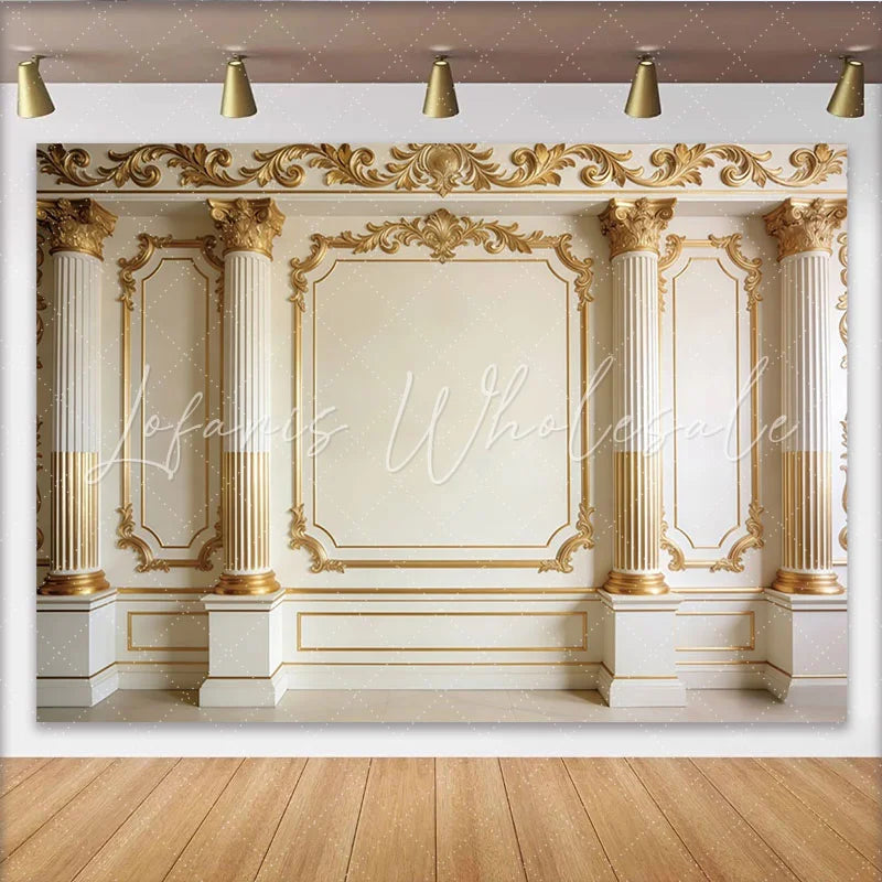 Lofaris Elegant Gold Column Photography Backdrop with Ornate Moldings Luxurious Studio Background for Professional Portrait.