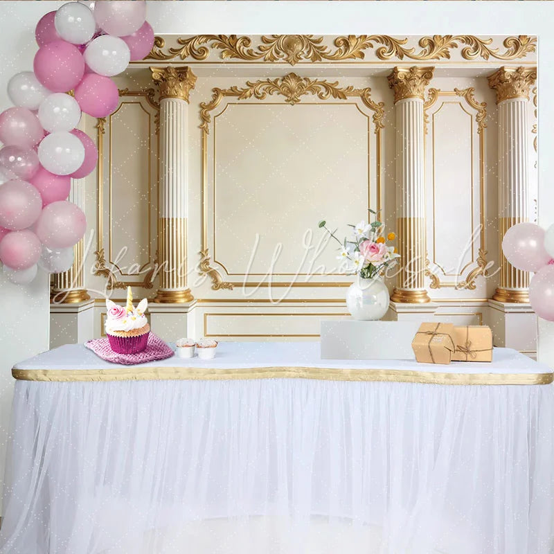 Lofaris Elegant Gold Column Photography Backdrop with Ornate Moldings Luxurious Studio Background for Professional Portrait.