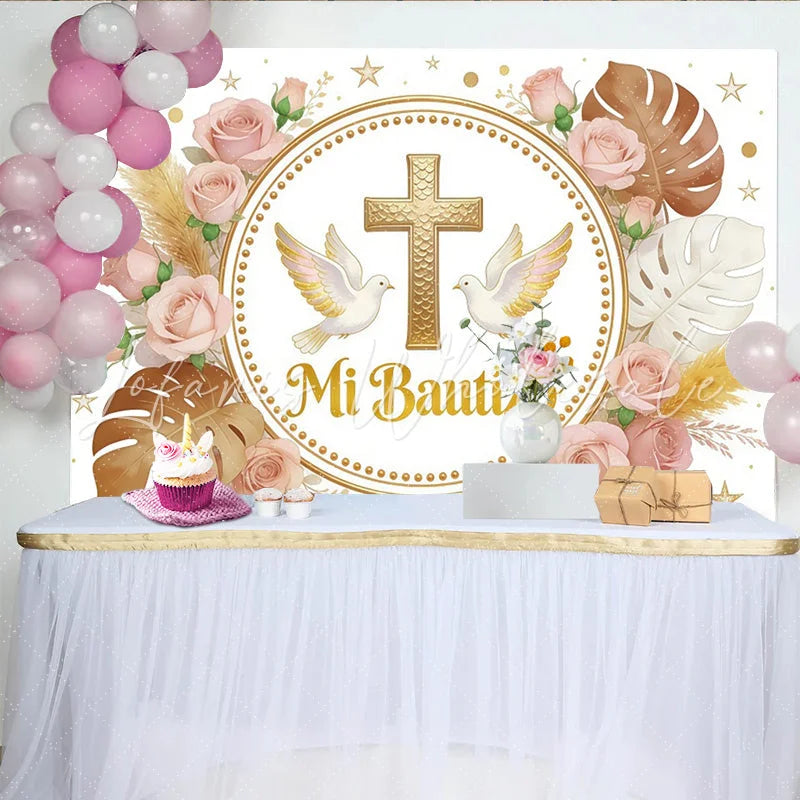 Lofaris Elegant Gold Cross Baptism Backdrop with Doves and Pink Roses Mi Bautizo Religious Party Decor for Christening Event