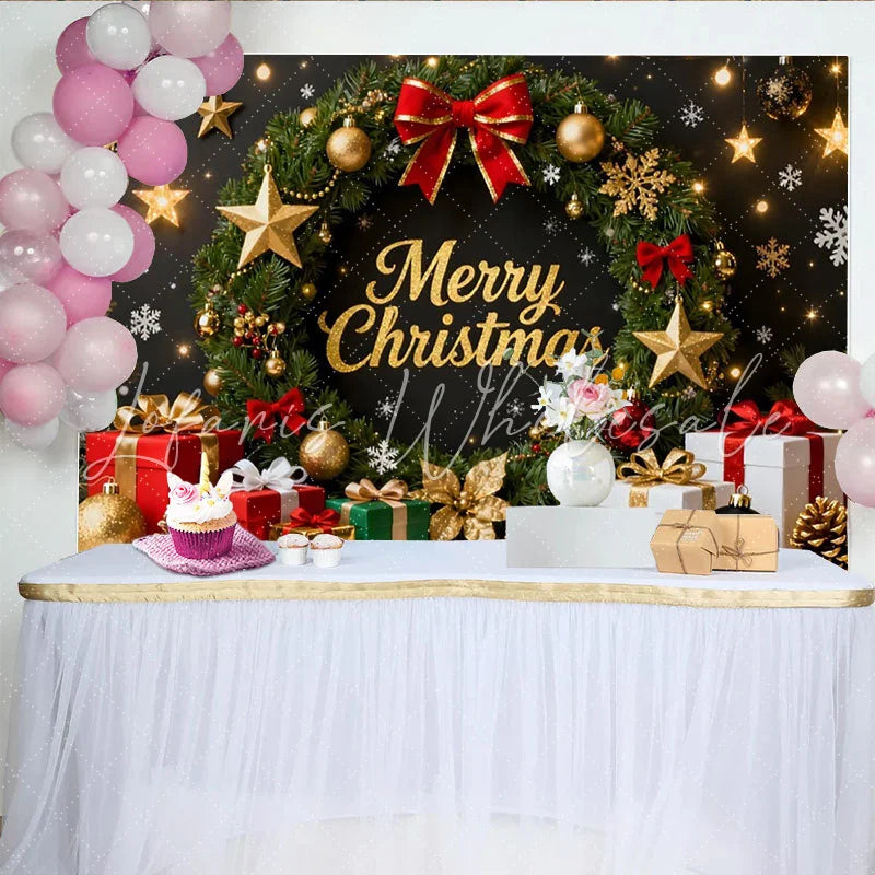 Lofaris Elegant Gold Glitter Merry Christmas Wreath Party Backdrop with Festive Gifts and Stars