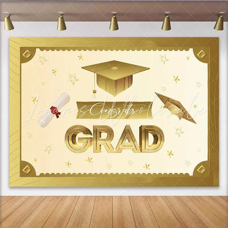 Lofaris Elegant Gold Graduation Backdrop with Cap and Diploma Sparkling Congrats Banner for Party Decoration