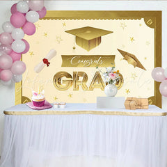 Lofaris Elegant Gold Graduation Backdrop with Cap and Diploma Sparkling Congrats Banner for Party Decoration