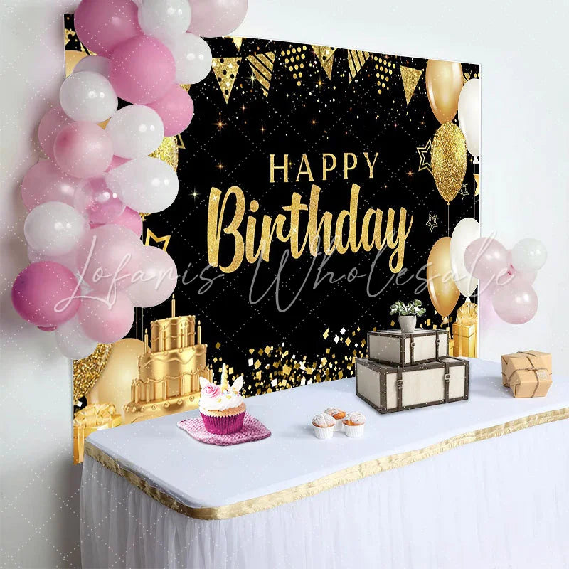 Lofaris Elegant Gold Happy Birthday Backdrop 3-Tier Cake and Golden Gift Boxes Background Gala Party Decor