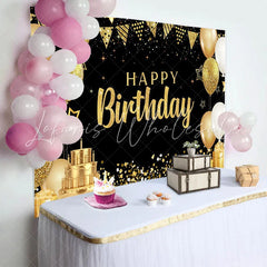 Lofaris Elegant Gold Happy Birthday Backdrop 3-Tier Cake and Golden Gift Boxes Background Gala Party Decor