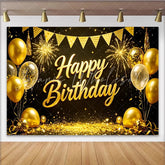 Lofaris Elegant Gold Happy Birthday Backdrop with Balloons Glitter and Fireworks Black Party Background for Photography Studio