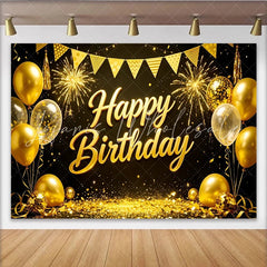 Lofaris Elegant Gold Happy Birthday Backdrop with Balloons Glitter and Fireworks Black Party Background for Photography Studio