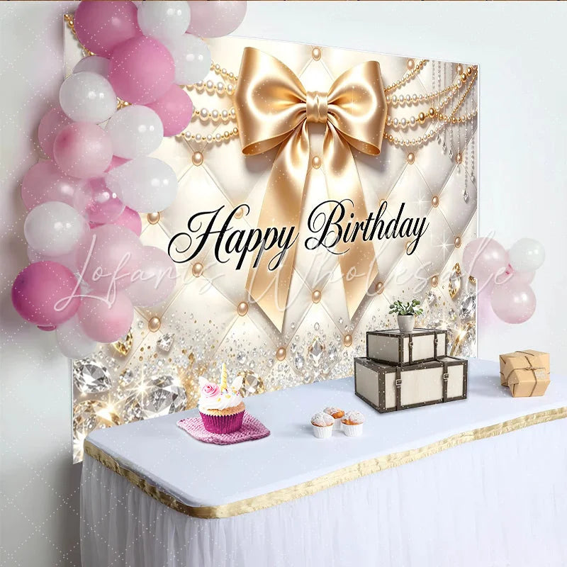 Lofaris Elegant Gold Happy Birthday Backdrop with Diamonds and Pearls Luxurious Party Decor for Women and Girls Photoshoot