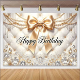 Lofaris Elegant Gold Happy Birthday Backdrop with Diamonds and Pearls Luxurious Party Decor for Women and Girls Photoshoot