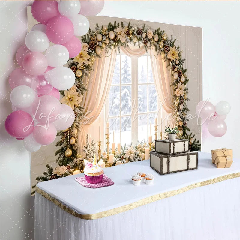 Lofaris Elegant Golden Christmas Window Backdrop with Snowy View Festive Holiday Decor for Winter Photography