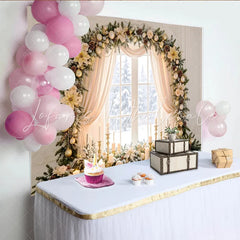 Lofaris Elegant Golden Christmas Window Backdrop with Snowy View Festive Holiday Decor for Winter Photography