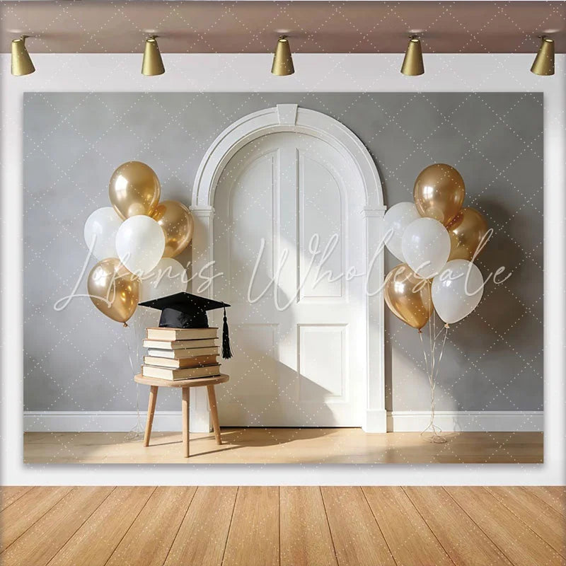 Lofaris Elegant Graduation Backdrop with White Arch Door Gold and White Balloons Books and Cap Photo Booth Prop for Ceremony Party