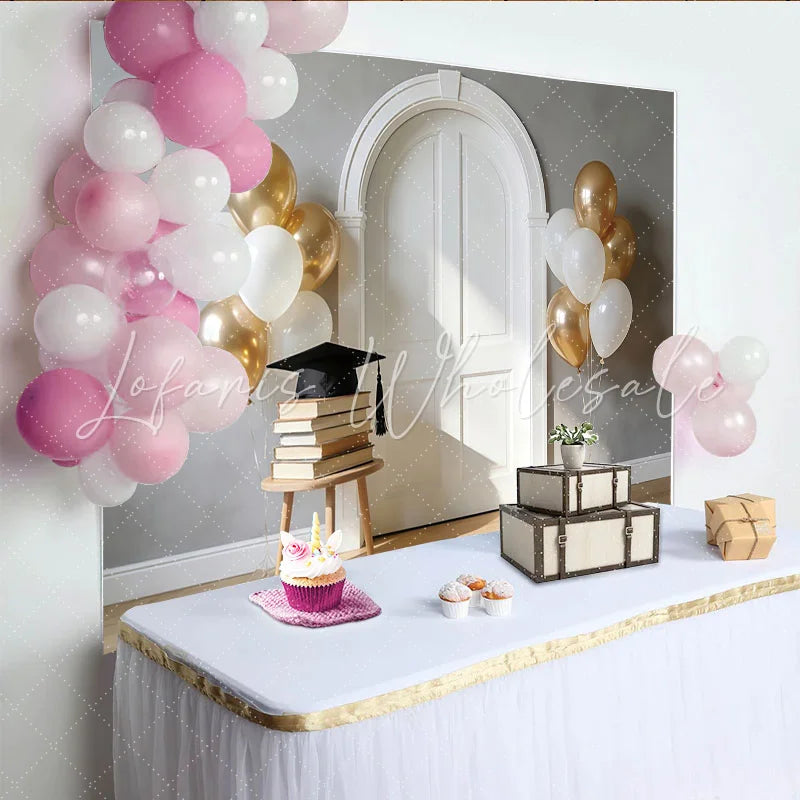 Lofaris Elegant Graduation Backdrop with White Arch Door Gold and White Balloons Books and Cap Photo Booth Prop for Ceremony Party