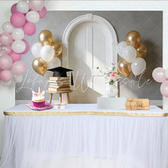 Lofaris Elegant Graduation Backdrop with White Arch Door Gold and White Balloons Books and Cap Photo Booth Prop for Ceremony Party