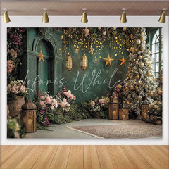 Lofaris Elegant Green Christmas Backdrop with Gold Ornaments and Twinkle Lights Festive Holiday Photography Background for Winter Party