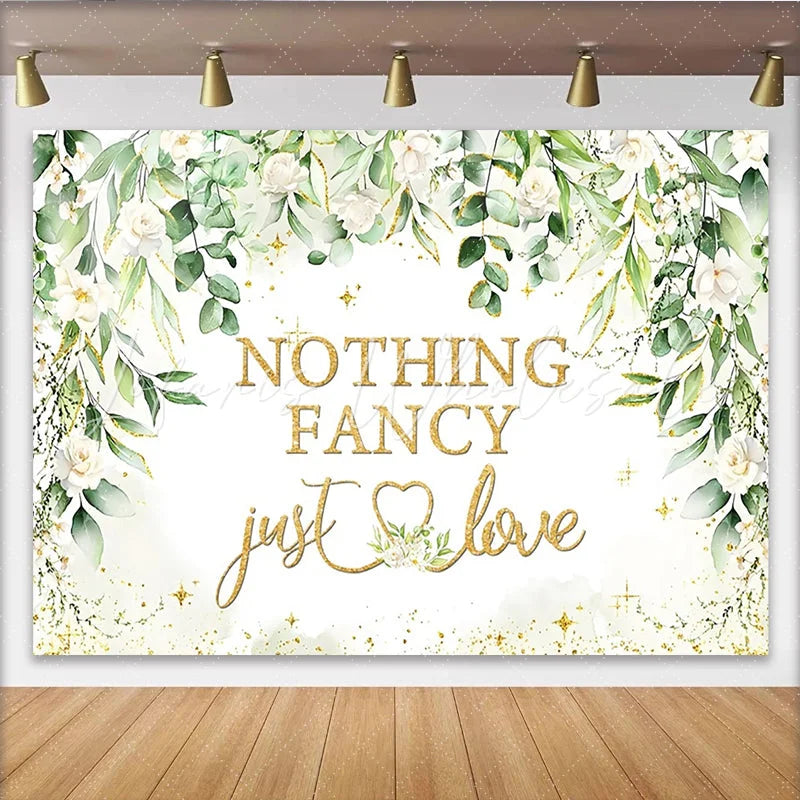Lofaris Elegant Greenery Wedding Backdrop with White Roses and Gold Glitter Nothing Fancy Just Love Photography Background