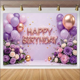 Lofaris Elegant Lavender Floral Birthday Backdrop with Rose Gold Balloons Beautiful Party Background for Photoshoot and Celebration