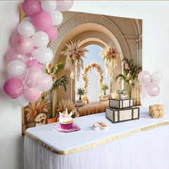 Lofaris Elegant Pampas Grass Wedding Arch Backdrop with Pink Roses Romantic Floral Background for Bridal Shower and Event Photos