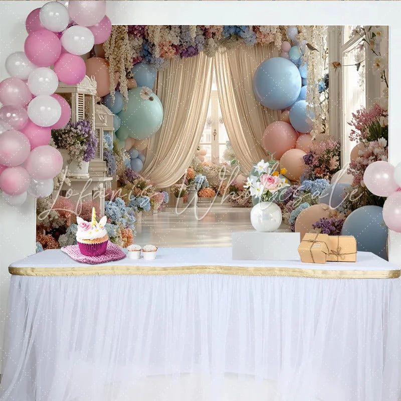 Lofaris Elegant Pastel Floral Balloon Photography Backdrop for Studio Dreamy Romantic Photo Background for Wedding Baby Shower Party
