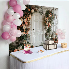 Lofaris Elegant Peach and Cream Floral Door Photography Backdrop Rustic White Brick Wall Background for Wedding Photoshoot