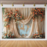 Lofaris Elegant Peach and Orange Floral Wedding Backdrop Draped Fabric Rustic Wall Photo Background.