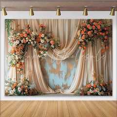 Lofaris Elegant Peach and Orange Floral Wedding Backdrop Draped Fabric Rustic Wall Photo Background.