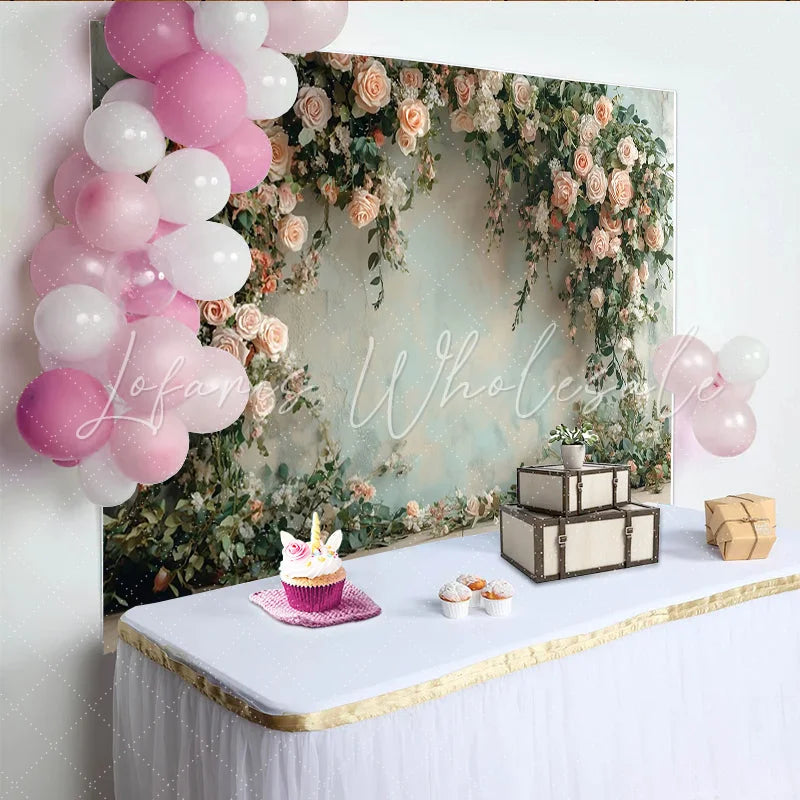 Lofaris Elegant Peach Rose Floral Photography Backdrop with Greenery Romantic Studio Background for Wedding and Portrait Photoshoot