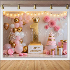 Lofaris Elegant Pink and Gold First Birthday Party Backdrop Featuring a Crowned Number One and Balloons