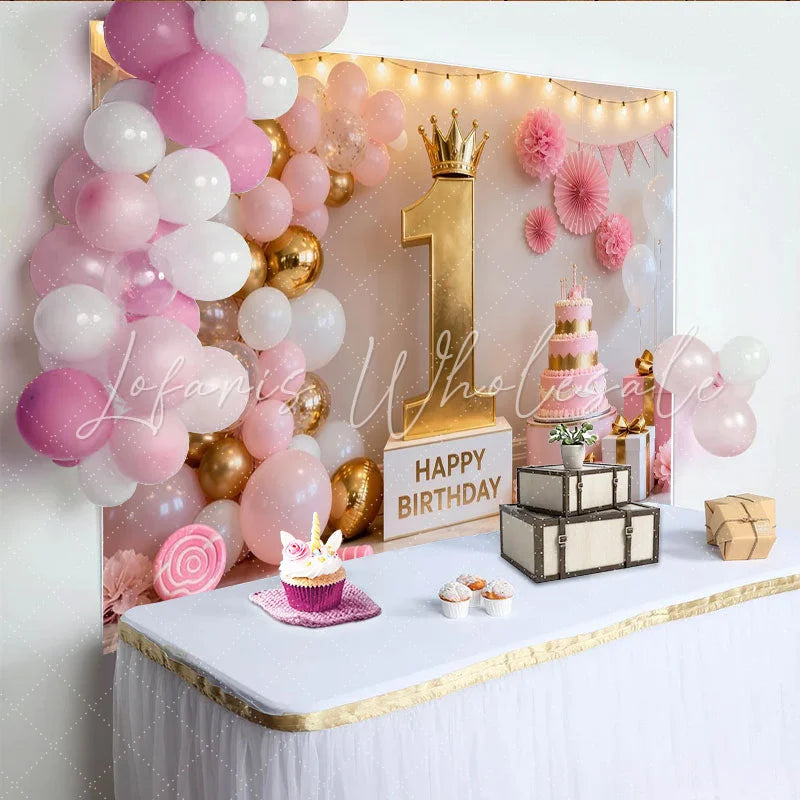 Lofaris Elegant Pink and Gold First Birthday Party Backdrop Featuring a Crowned Number One and Balloons