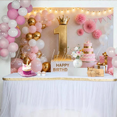Lofaris Elegant Pink and Gold First Birthday Party Backdrop Featuring a Crowned Number One and Balloons