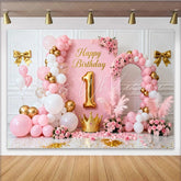 Lofaris Elegant Pink and Gold Happy Birthday 1st Party Backdrop with Crown Balloons and Floral Decor for Girls Celebration