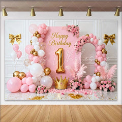 Lofaris Elegant Pink and Gold Happy Birthday 1st Party Backdrop with Crown Balloons and Floral Decor for Girls Celebration
