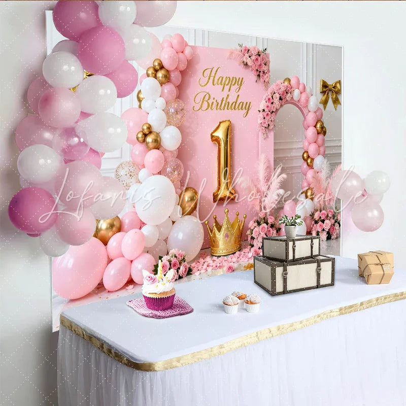 Lofaris Elegant Pink and Gold Happy Birthday 1st Party Backdrop with Crown Balloons and Floral Decor for Girls Celebration