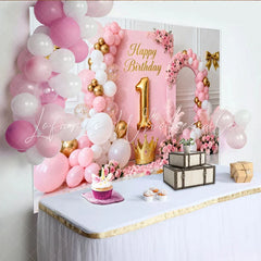 Lofaris Elegant Pink and Gold Happy Birthday 1st Party Backdrop with Crown Balloons and Floral Decor for Girls Celebration