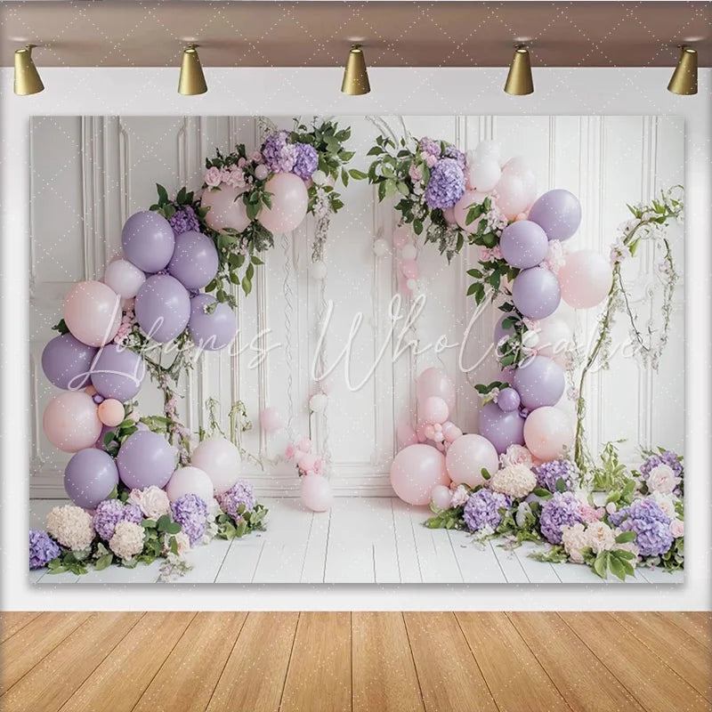 Lofaris Elegant Pink and Lavender Floral Balloon Arch Birthday Backdrop Charming Photo Booth Background for Girls Party Decoration