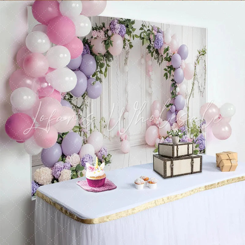 Lofaris Elegant Pink and Lavender Floral Balloon Arch Birthday Backdrop Charming Photo Booth Background for Girls Party Decoration