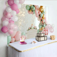 Lofaris Elegant Pink and Mint Green Balloon Birthday Backdrop with Gold Accents Floral String Lights Photo Background for Baby Girl Party