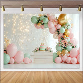 Lofaris Elegant Pink and Mint Green Balloon Birthday Backdrop with Gold Accents Floral String Lights Photo Background for Baby Girl Party