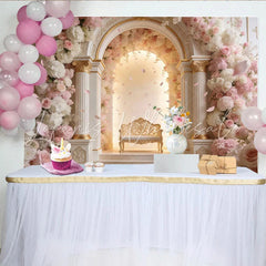 Lofaris Elegant Pink and White Floral Arch Wedding Backdrop with Golden Bench Romantic Photography Background for Engagement Party Decor