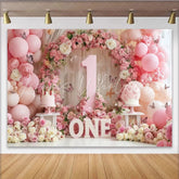 Lofaris Elegant Pink and White Floral First Birthday Party Backdrop featuring Number One Balloons and Butterflies