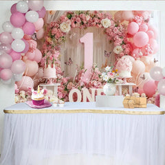 Lofaris Elegant Pink and White Floral First Birthday Party Backdrop featuring Number One Balloons and Butterflies