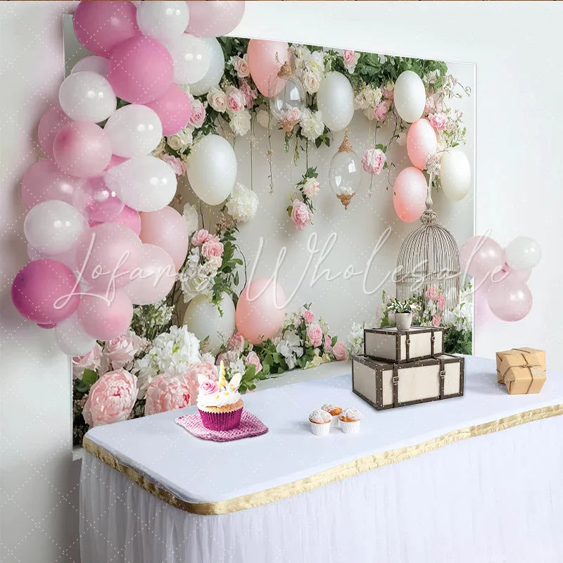Lofaris Elegant Pink and White Floral Photography Backdrop with Balloons Beautiful Studio Background for Portrait and Event Decor