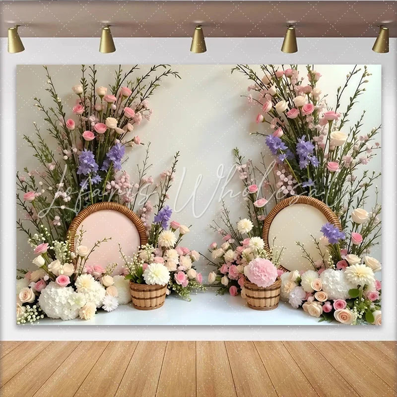 Lofaris Elegant Pink and White Floral Photography Backdrop with Lavender Flowers Beautiful Spring Photo Background for Wedding or Party