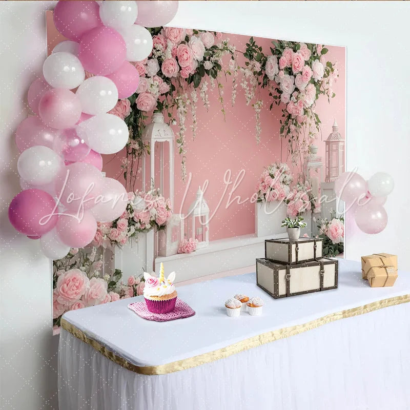 Lofaris Elegant Pink and White Floral Photography Backdrop with Roses and Lanterns Studio Background for Romantic Portraits